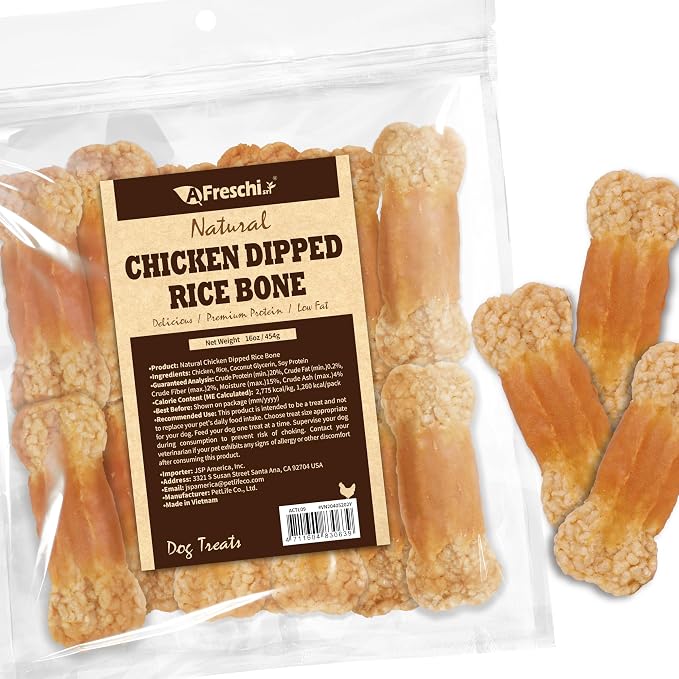 Afreschi Chicken Dog Treats, All Natural, Healthy & Easily Digestible, Grain-Free Puppy Chews, Low-Fat, Human Grade Training & Rewards Dog Snacks, Rice Bone, 16 oz Pack