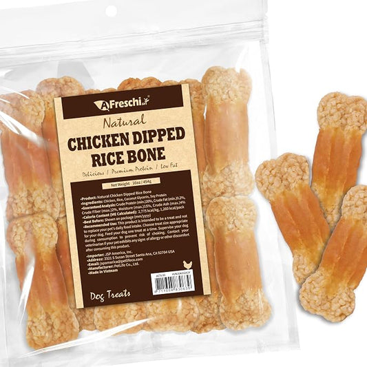 Afreschi Chicken Dog Treats, All Natural, Healthy & Easily Digestible, Grain-Free Puppy Chews, Low-Fat, Human Grade Training & Rewards Dog Snacks, Rice Bone, 16 oz Pack