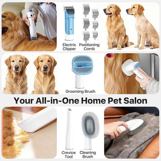 buenkee Dog Grooming Kit with Vacuum, 15000Pa Pet Hair Clipper and Shedding Brush, 50dB Low Noise, 2L Capacity, Blue