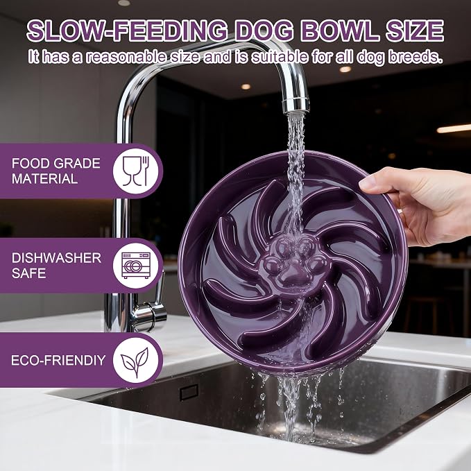 Ceramic Slow Feeder Dog Bowl, 3 Cup Dog Food or 25oz Water, Slow Eating Bowl for Middle Breed, Maze Puzzle Feeder for Fast Eaters, Anti-Choking Stop Bloat, Non-Slip BPA Free (Purple)