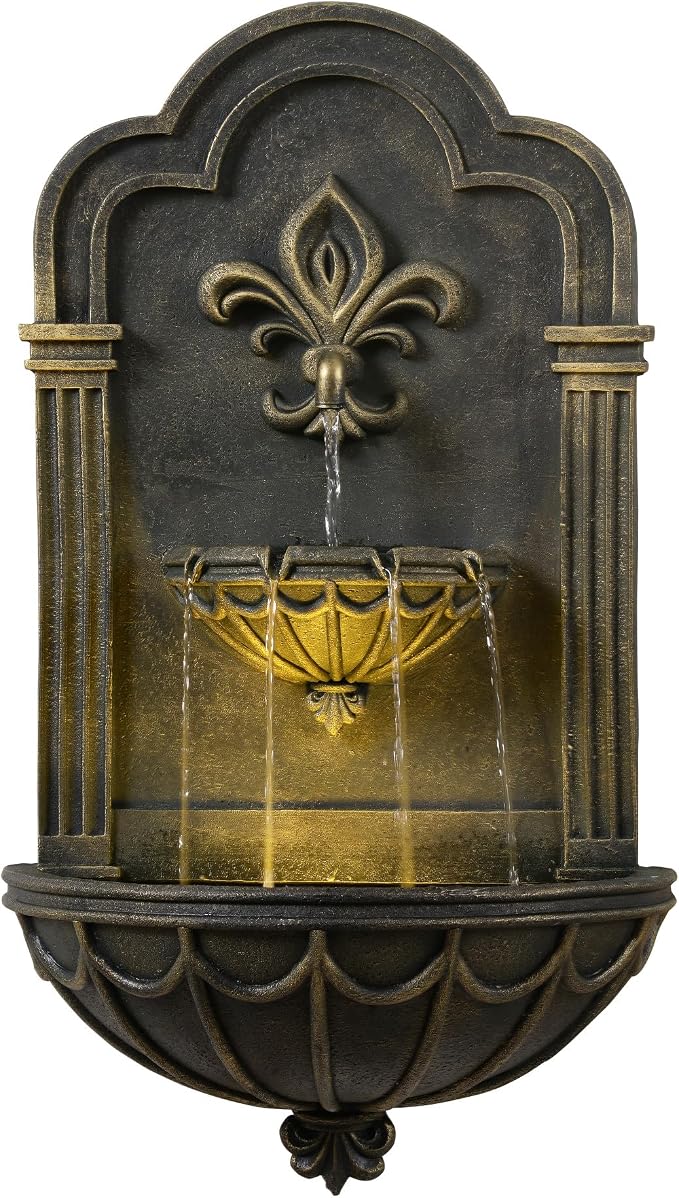 Teamson Home Fleur-de-lis Outdoor Water Fountain–Warm Glow Lighting with Adjustable Flow & Electric Pump, Black & Gold