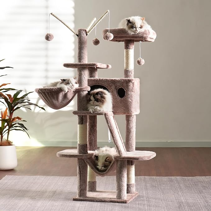 Hey-brother Cat Tree, 53 inch Cat Tower for Indoor Cats, Cat House with Padded Platform Bed, Toy Balls, Large Cozy Condo, Hammocks and Sisal Scratching Posts, Muchroom MPJ019-SMU