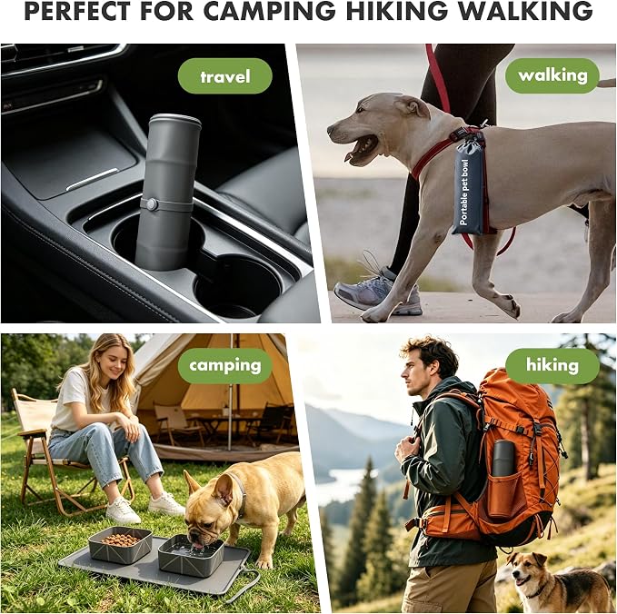 No Spill Collapsible Dog Bowls with Mat, 20oz 2-in-1 Roll-Up Silicone Pet Feeding Station, Portable BPA-Free Travel Dog Bowls for Car, Camping, and Outdoor Use