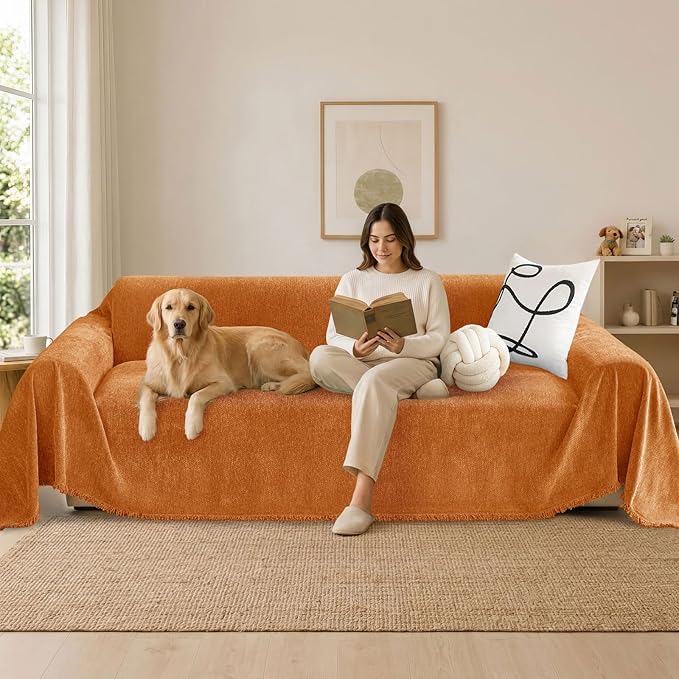 hyha Couch Cover for Dogs, Boho Sofa Covers for 3 Cushion Couch Washable, Chenille Sofa Slipcover for Pets, Soft Loveseat Sectional Couch Throw Blankets with Tassels (Orange, 88.5x150 Inch)