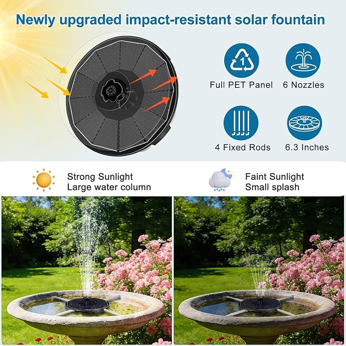 Solar Fountain Pump with 3 Spray Height Adjustment, Upgraded PET Solar Bird Bath Fountains with 6 Nozzles, Solar Water Fountain Pump for Outdoor, Bird Bath, Garden, Pool, Pond
