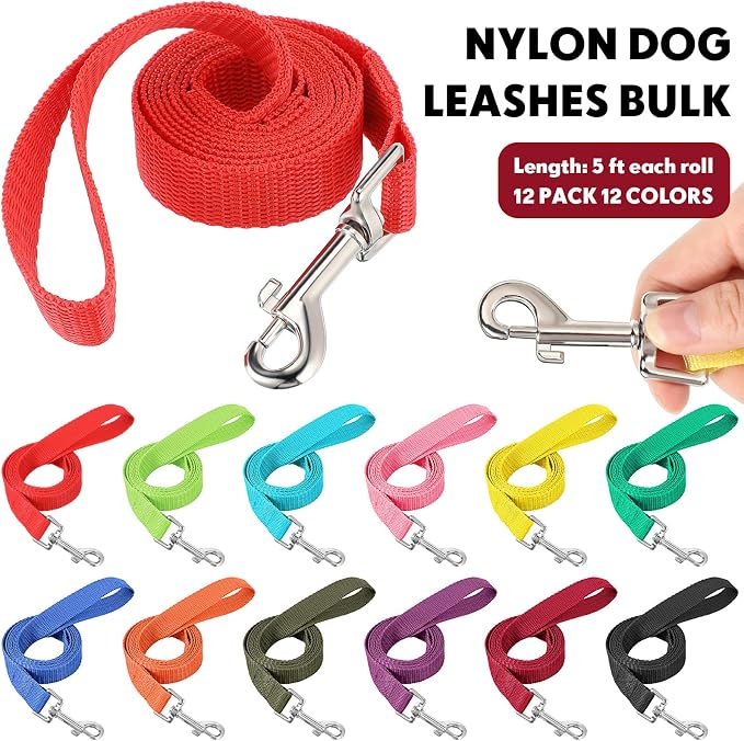 Hillban 12 Pcs Nylon Puppy Training Leash Bulk 5ft Dog Leash for House Line 12 Colors Puppy Line Traction Rope for Small Medium Dog Training, Play, Camping, or Backyard(Bright Colors)