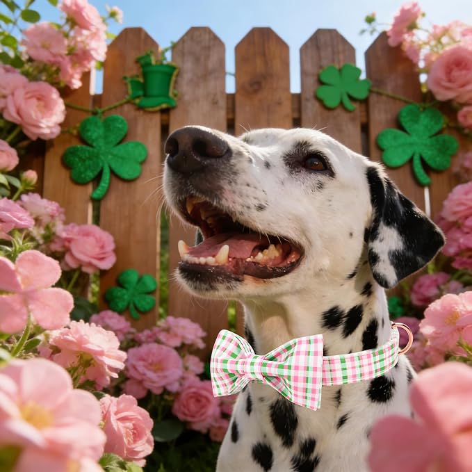 Maca Bates Plaid Dog Collar with Fancy Bow Tie,Cherry Pink Green Gingham Pattern for Extra Small Girl Boy Dogs,Adjustable Durable Soft Collars Irish Gift for Male Female Puppy