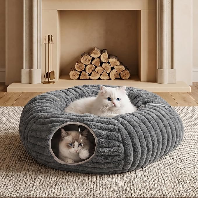 Cat Tunnel Bed Cave - Soft Washable Cushion for Indoor Cats, Peekaboo Hideaway Cave for Indoor Cats, Kittens, Puppies, Rabbits, Luxurious Striped Hare-Feel Fabric, Tunnels for Indoor Cats Large