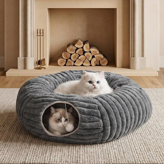 Cat Tunnel Bed Cave - Soft Washable Cushion for Indoor Cats, Peekaboo Hideaway Cave for Indoor Cats, Kittens, Puppies, Rabbits, Luxurious Striped Hare-Feel Fabric, Tunnels for Indoor Cats Large