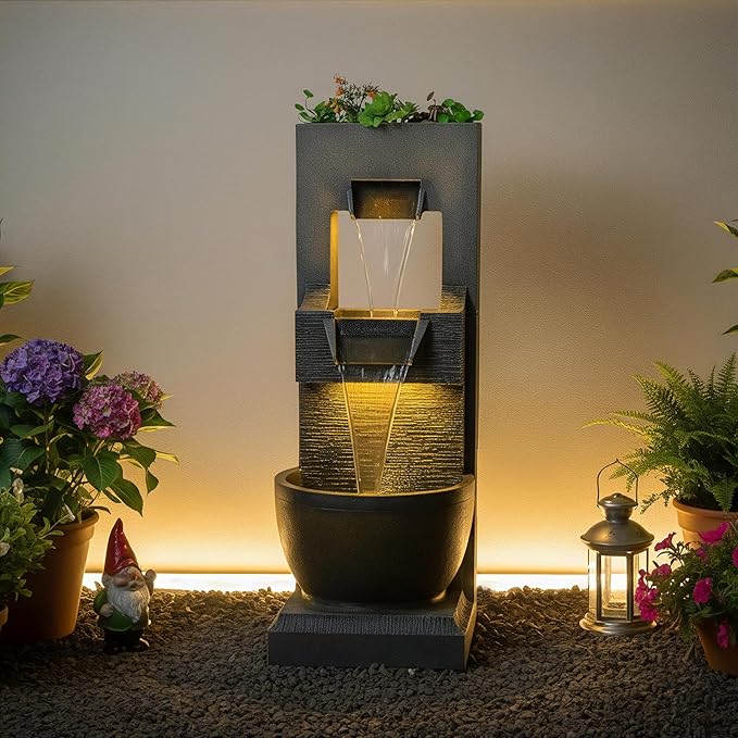 Sunlinua 39H Modern Outdoor Water Fountain with LED Light Garden Cascading Waterfall Feature for Indoor or Outdoor Cascading Waterfall for Relaxing Garden Patio Backyard Deck Porch or Home Décor