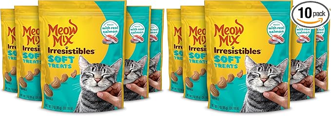 Meow Mix Irresistibles Soft Cat Treats Made with Real Salmon,3 Oz. Pouch,(Pack of 10)