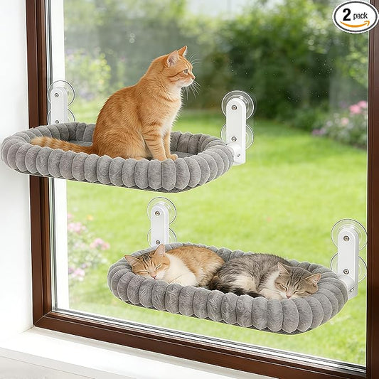 Zoratoo 2PC Cat Window Perch with Bolster Foldable Cat Hammock Cushion Bed for Window with Metal Frame, Cloud-Cuddle Cordless Window Resting Seat for Indoor Cats (Cushion Bed, Gray-L)