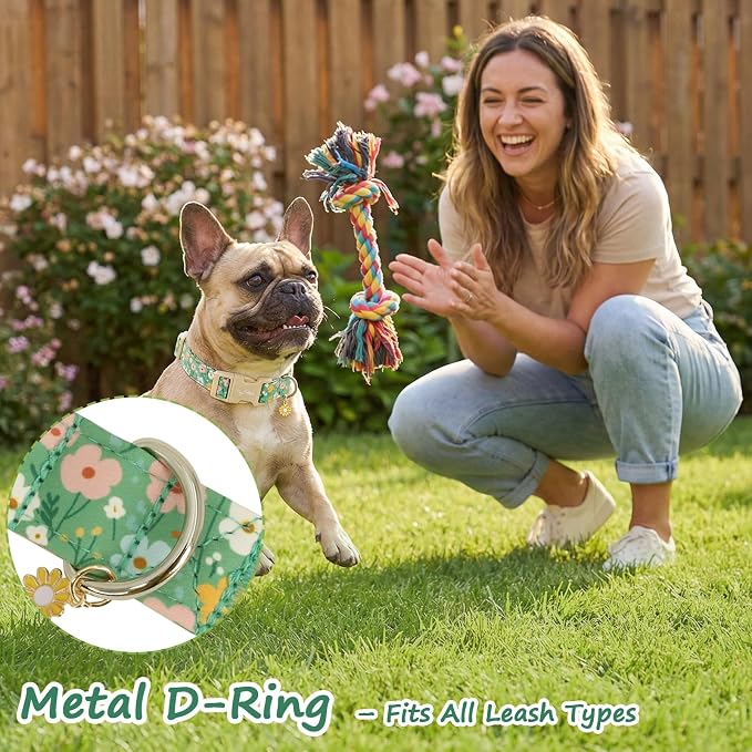 Dog Collars for Medium Dogs, Dog Collar with Floral Patterns Summer Green Dog Collar with Exquisite Pendant, Durable Adjustable Collars Floral Dog Collar Gifts for Medium Large Dogs-M