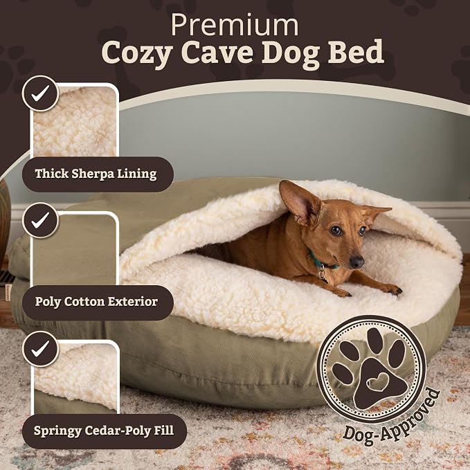 Snoozer Cozy Cave Dog Bed - Indoor Dog Bed with Cover Cave, Covered Calming Burrow for Small & Medium Sized Pets with Blanket Attached, Enclosed, Removable Washable Cover - Large, Khaki