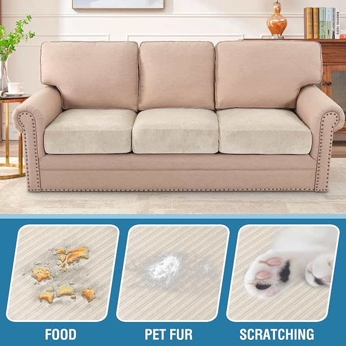 H.VERSAILTEX Velvet Stretch Couch Cushion Cover Plush Cushion Slipcover for Chair Loveseat Sofa Cushion Furniture Protector Seat Cushion Sofa Cover (3 Piece Sofa Cushion Covers, Ivory Striped)