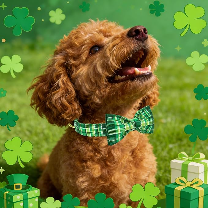 Maca Bates St. Patrick's Day Irish Plaid Dog Collar with Fancy Bow Tie,Shamrock Green Gingham Pattern for Extra Small Girl Boy Dogs,Adjustable Durable Soft Collars Gift for Male Female Puppy