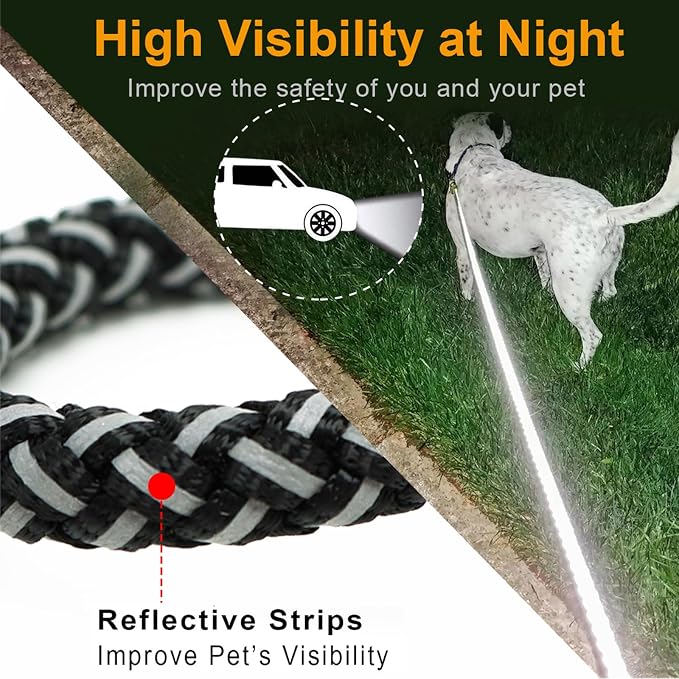 Reflective Dog Leash 2/3/4/6/10ft Braided 1/2" Strong Nylon Rope | 6ft Black Dog Leash for Large Medium Small Dogs Walking Training Leads
