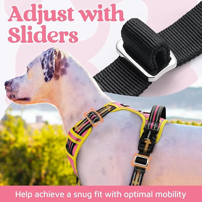 rabbitgoo Dog Harness for Large Dogs, 3 Buckles Easy On & Off No Pull Pet Vest, Soft Padded Walking Pet Harness with Control Handle, Adjustable and Reflective, Pink & Yellow, XL