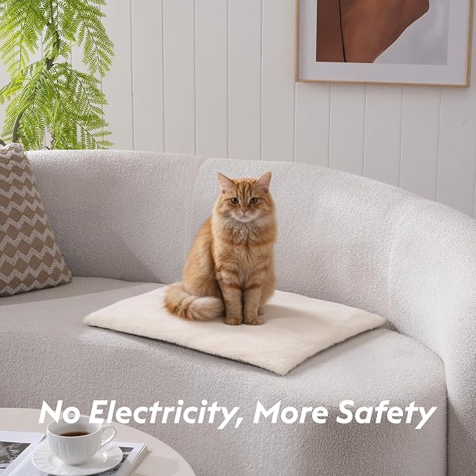 FunFurry Self Warming Cat Bed, Heating Cat Pad, Extra Soft Flannel Surface, Removable ＆ Washable, Thick Thermal Mat with Non-Slip Bottom (Ivory, 29" X 19")