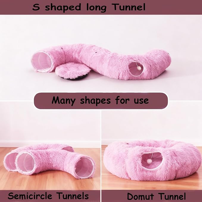 Cat Bed Tunnel Tube Toy Pink Plush Round, Collapsible Pet Tunnels for Indoor Cats, Interactive Toys Play Tubes with Hanging Ball for Kitty, Puppy, Rabbit for Fun Playtime & Exercise