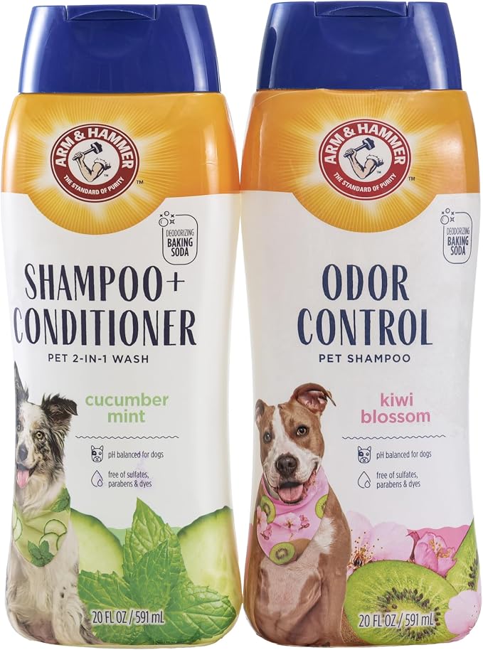Arm and Hammer for Pets Dog Shampoo Combo Pack with Baking Soda for Odor Control | Deodorizing Kiwi Blossom Dog Shampoo and 2-in-1 Shampoo & Conditioner Cucumber Mint | 20 Oz Bottles