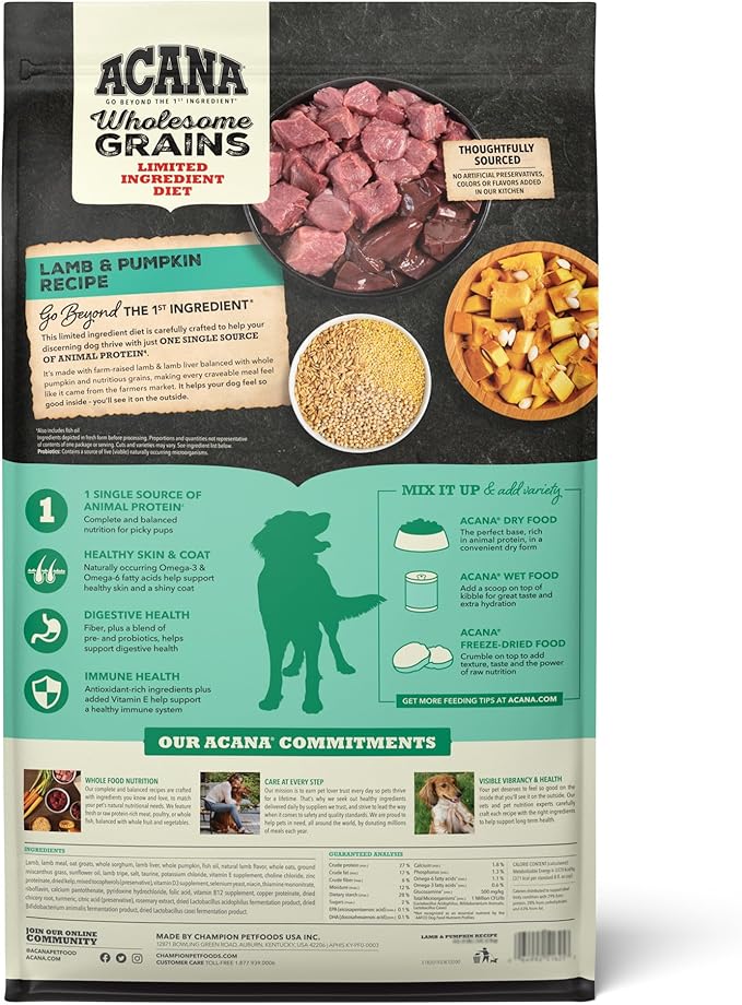 ACANA Wholesome Grains Dry Dog Food Limited Ingredient Lamb & Pumpkin Recipe 22.5lb Bag