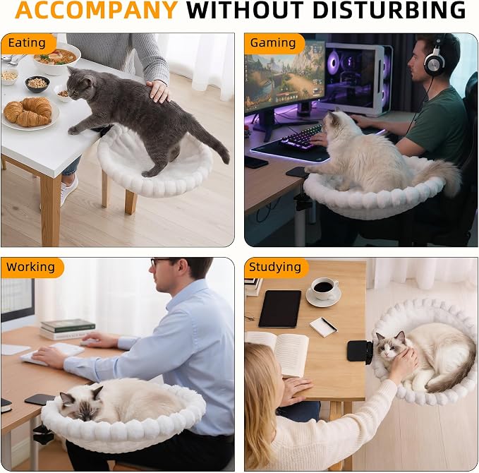 Cat Desk Bed - Cat Hammock for Desk with Faux Rabbit Fur, 180° Folding Space-Saving, Dual-Sided Reversible for All Seasons, Removable & Washable, Holds Up to 40 lbs – for Home Office Desks