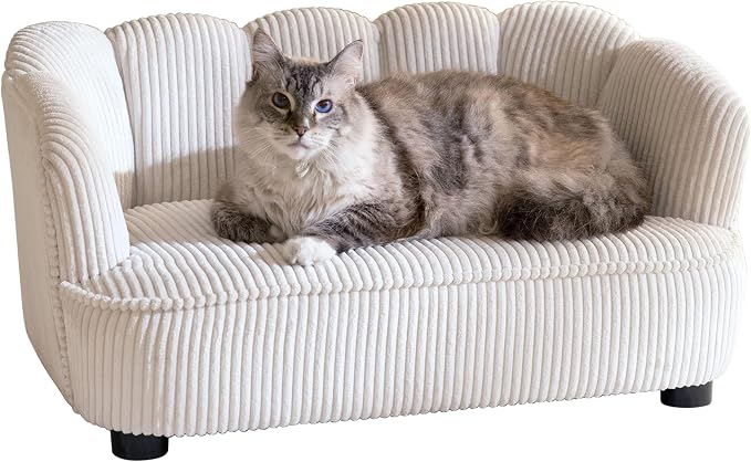 Paws & Purrs Retro Scalloped Back Sofa Style Pet Bed, Dog & Cat Couch with Tufted Cushion & Armrest, Stylish Indoor Pet Furniture, Cream