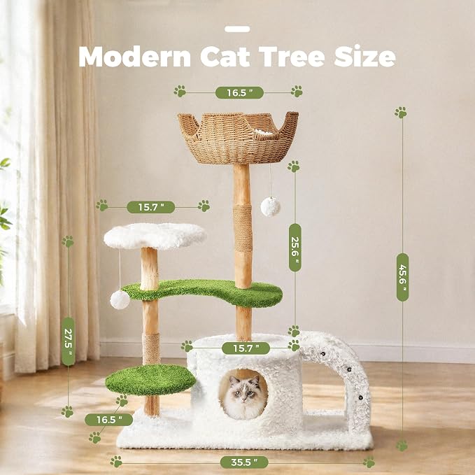 Easyego Modern Cat Tree, 45.6" Aesthetic Wood Cat Tree Tower for Large Cats, Luxury Cat Condo with Scratching Posts and Flower Platforms, Cat Furniture, White&Green