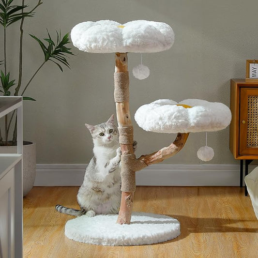 MUTTROS Wood Flower Cat Tree, Modern Cat Tower with Real Wood Branches, Luxury Boho Furniture with Scratching Post and 2 Perches, Cat Climbing Tower for Indoor Cats, Cloud White