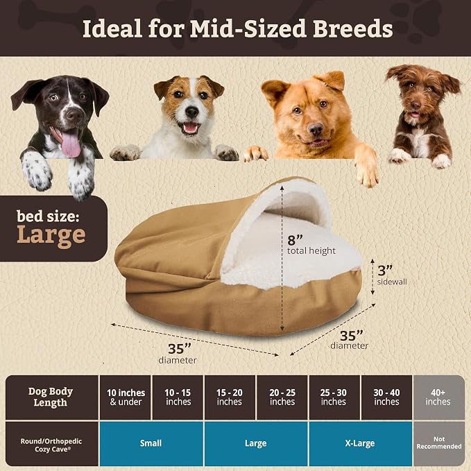 Snoozer Cozy Cave Dog Bed - Indoor Dog Bed with Cover Cave, Covered Calming Burrow for Small & Medium Sized Pets with Blanket Attached, Enclosed, Removable Washable Cover - Large, Camel