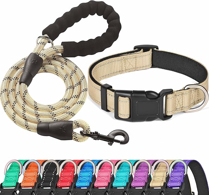 Ladoogo Reflective Dog Collar Padded with Soft Neoprene Breathable Adjustable Nylon Dog Collars for Small Medium Large Dogs (Large (Pack of 1), Vanilla Collar+Leash)