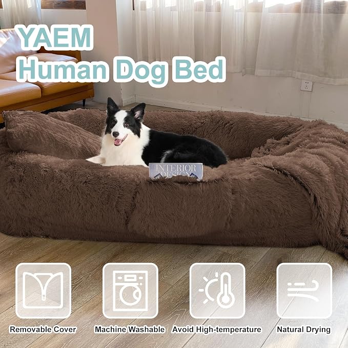 YAEM Human Dog Bed for Adult and Pets - 71"x45"x12" Dogs Beds for Humans with Washable Faux Fur Cover, Plump Pillow, Blanket, Orthopedic Design, Strap-Coffee