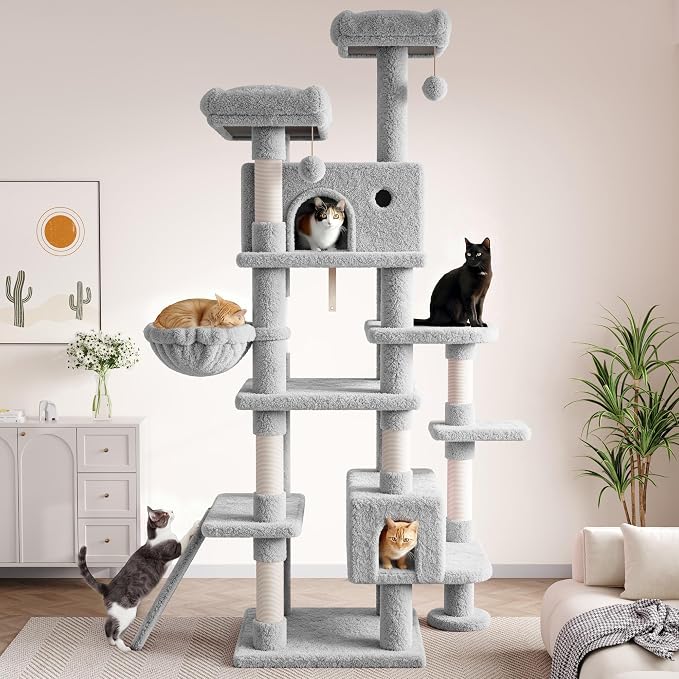 SHA CERLIN 82 inch, Multi-Level Cat Tree Tower for Indoor Cats, Cat Condo with Sisal Scratching Posts, Plush Perches, Hammocks, Toy Balls，Grey