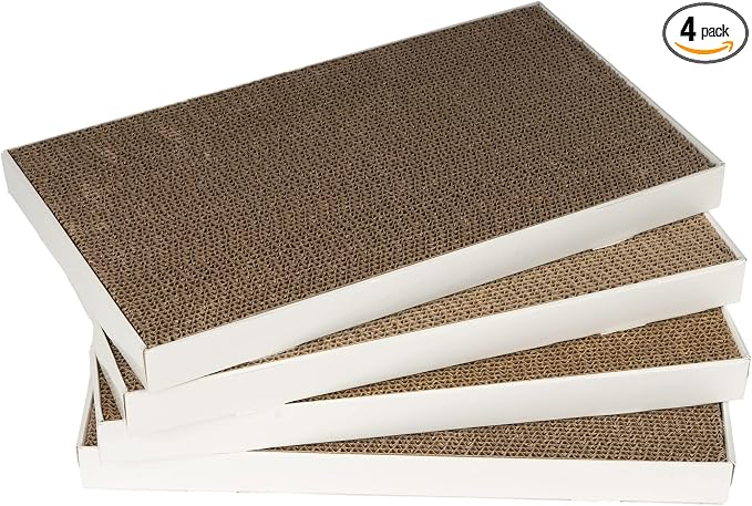 Amazon Basics Corrugated Cardboard Cat Scratcher, Scratching Board, Reversible, 17.4" x 10", White, 4-Pack