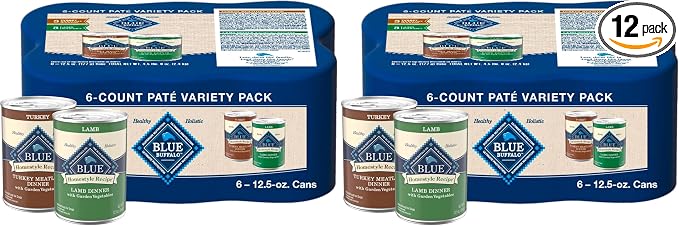 Blue Buffalo Homestyle Recipe Adult Wet Dog Food,Made with Natural Ingredients,Turkey and Lamb Dinner Variety Pack,12.5-oz Cans (,3 of Each),(Pack of 12)