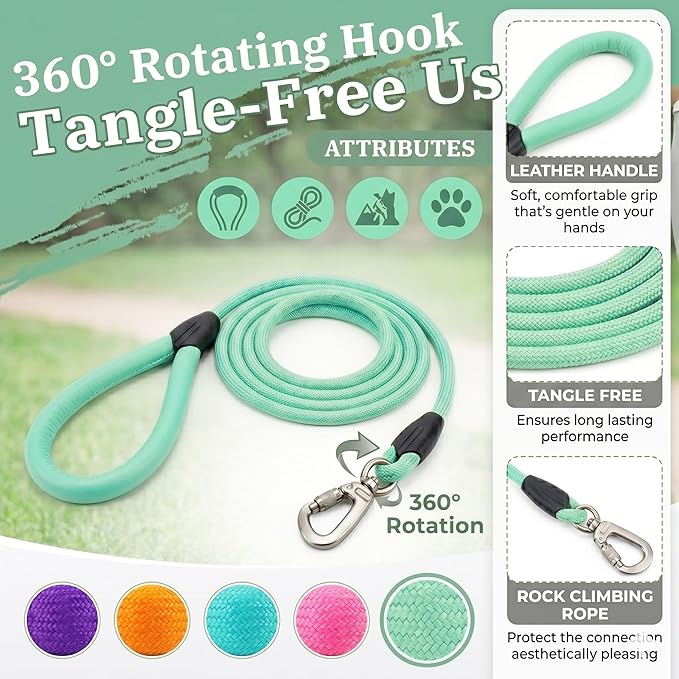 Rope Dog Leash, Macaron Colors Dog Leash, Comfortable Leather Handle, Resistant to Dirt and Bite, Strong Nylon Pet Lead for Small, Medium, Large Dogs (Mint Green, 5 Feet)