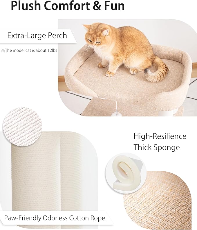 Cat Tree for Large Cats, Modern Senior Friendly Cat Tower with Wide Shelves, Cotton Scratching Posts, Super Sturdy Base, Cozy Perches, and Interactive Toys for Indoor Kittens, 37.4'' Ivory.