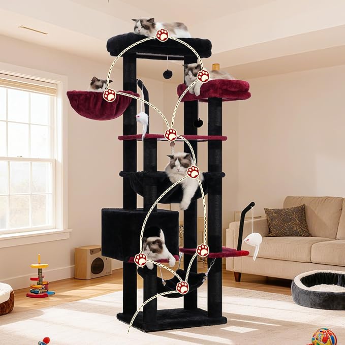 Gitelsnour Gothic Cat Tree, Cat Tower for Large Cats with 2 Big Platforms, 2 Baskets, condo and Toys, 63" Cat Scratching Posts for Indoor Cats, Black and red GCT020BR