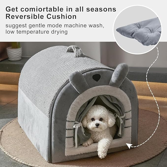 Jiupety Small Dog House Indoor, Cat House with Door Curtain Design, Puppy House with Reversible Washable Cushion, M Size Portable Pet Cave for 7-13 lb Cats and 5-11 lb Dogs, Non-Slip Bottom, Grey