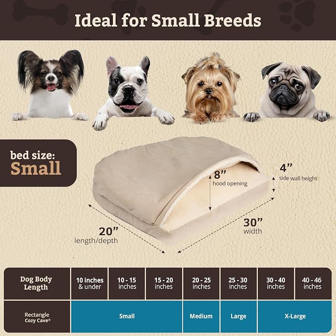 Snoozer Rectangle Cozy Cave Dog Bed - Indoor Dog Bed with Cover Cave, Covered Calming Burrow for Small Sized Pets with Blanket Attached, Enclosed, Washable Cover - Small, Buckskin