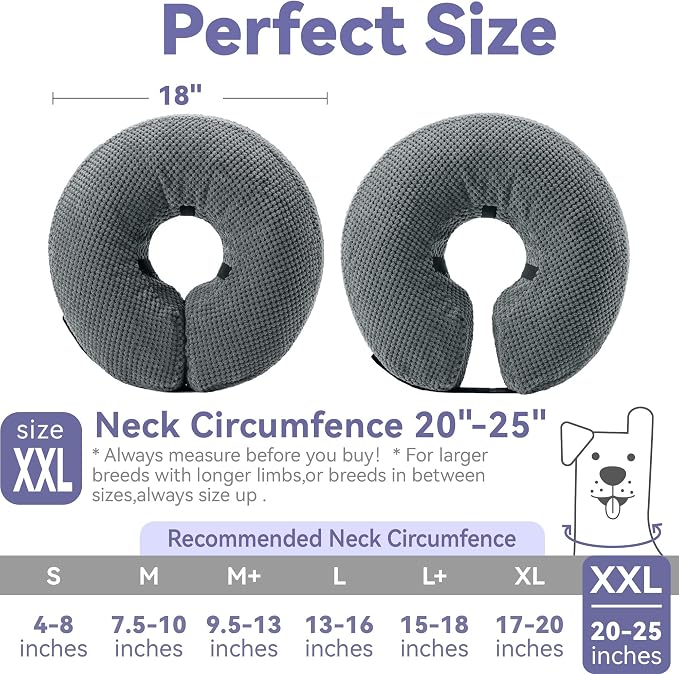 Loflaze Soft Inflatable Dog Cone Collar Alternative After Surgery - Dog Neck Donut E Collar for Large Medium Small Dogs Cats Post Surgery - Recovery Collar to Stop Licking - Grey, XXL