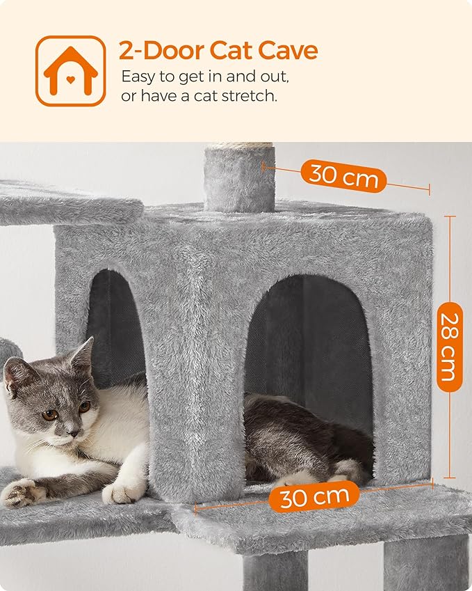 Feandrea Cat Tree, 54.2-Inch Cat Tower, Plush Multi-Level Condo with 4 Scratching Posts, 2 Perches, Hammock, Cave, Light Gray UPCT161W01