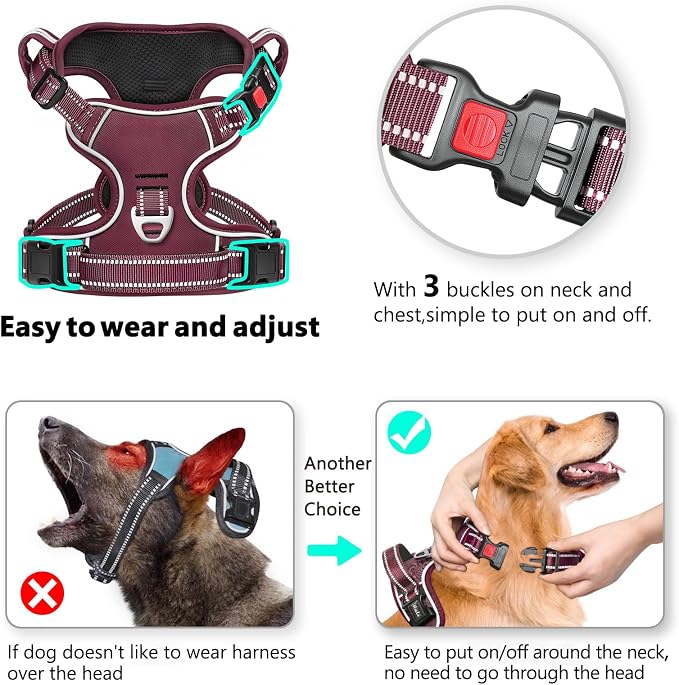 Timos Dog Harness Large Sized, No Pull Pet Harness with Neck Lockable Snap, No Choke Front Clip Reflective Vest, Adjustable Metal Rings 3 Buckles, Easy Control Handle for Large Dogs Burgundy L