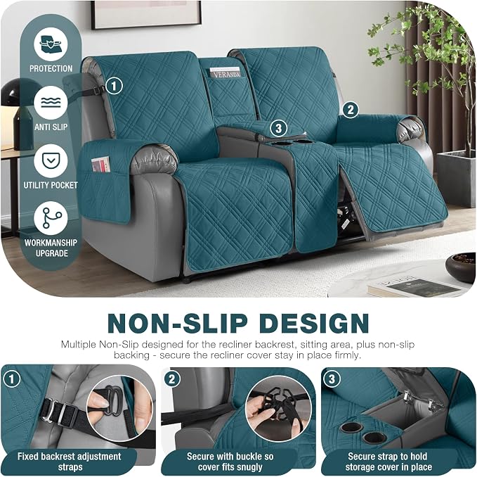 TAOCOCO Loveseat Recliner Cover with Center Console, 100% Waterproof Pet Cover for Dual Recliner with Straps Design, Split Reclining Loveseat Covers Furniture Protector (2 Seater, Peacock Blue)