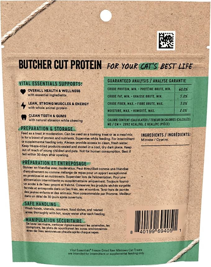 Vital Essentials Freeze Dried Minnows Cat Treats | Single Ingredient | Premium Quality | Grain Free, Healthy Treats for Cats, 0.5 oz Bag