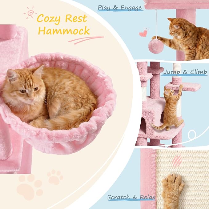 SHA CERLIN 82 inch, Multi-Level Cat Tree Tower for Indoor Cats, Cat Condo with Sisal Scratching Posts, Plush Perches, Hammocks, Toy Balls, Pink