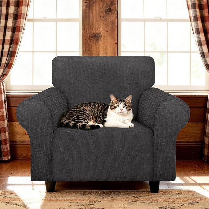 Waterproof Stretch Spandex Chair Sofa Slipcover - Non-Slip Soft Couch Cover with Elastic Bottom, Washable Leakproof Furniture Protector for Kids, Pets, Dogs & Cats (Chair, Dark Gray)