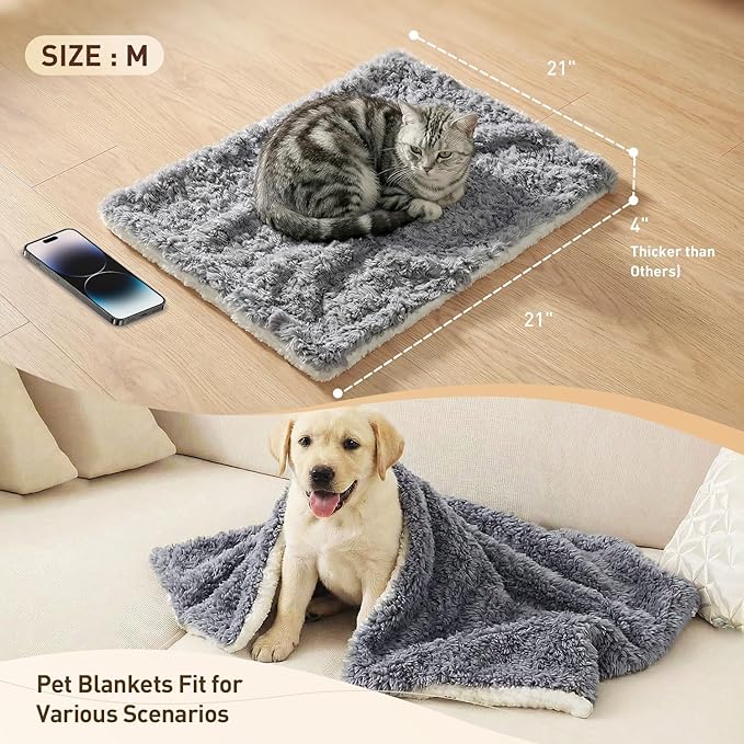 Cat Blanket for Indoor Cats - Ultra Thick 460GSM Faux Rabbit Fur & 260GSM Sherpa, Small Pet Throw for Carrier, Crate & Couch Protection, Soft Thermal Kitten Bedding, 21"x18" Grey