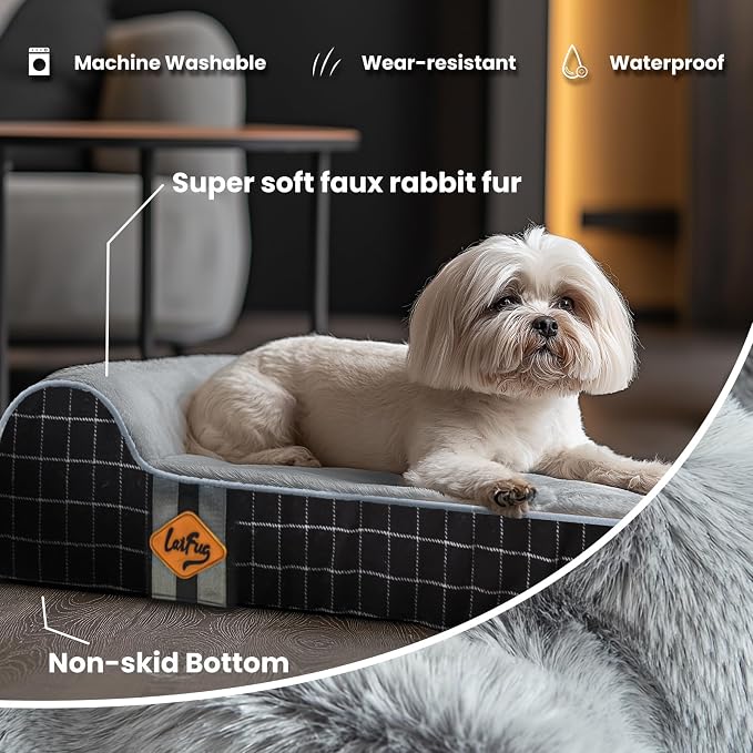 Laifug Orthopedic Dog Beds for Large Dogs,3" Memory Foam Dog Beds,Durable Water Proof Liner Removable and Washable, Nonskid Bottom, Black Grid Grey 34"x22"x3"